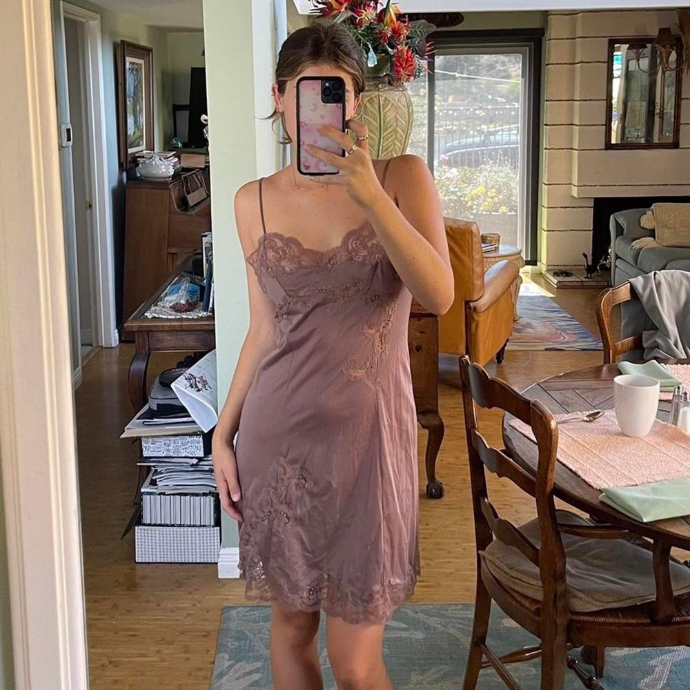 the brown lacey midi slip dress